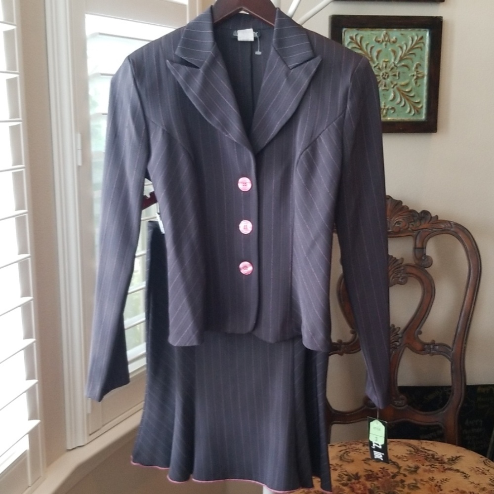 Dark grey and pink pin stripe skirt suit